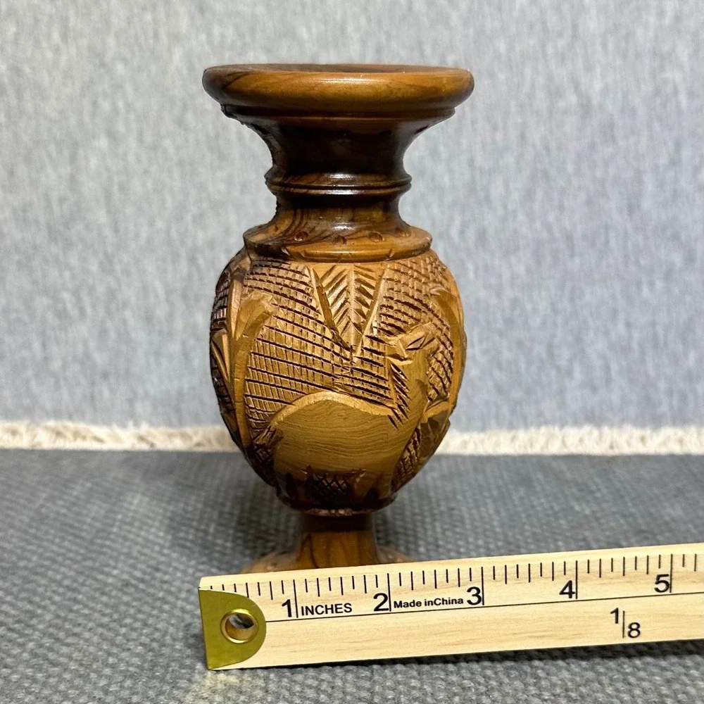 Vtg Hand Carved Boho Olive Wood Bud Vase Holy Land Gazelle Deer Animal Relief 6